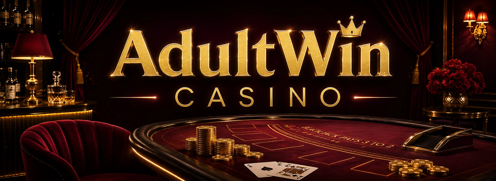 AdultWin Casino welcome banner in crimson and gold showing a private live blackjack table and the 675 free spins offer in CAD